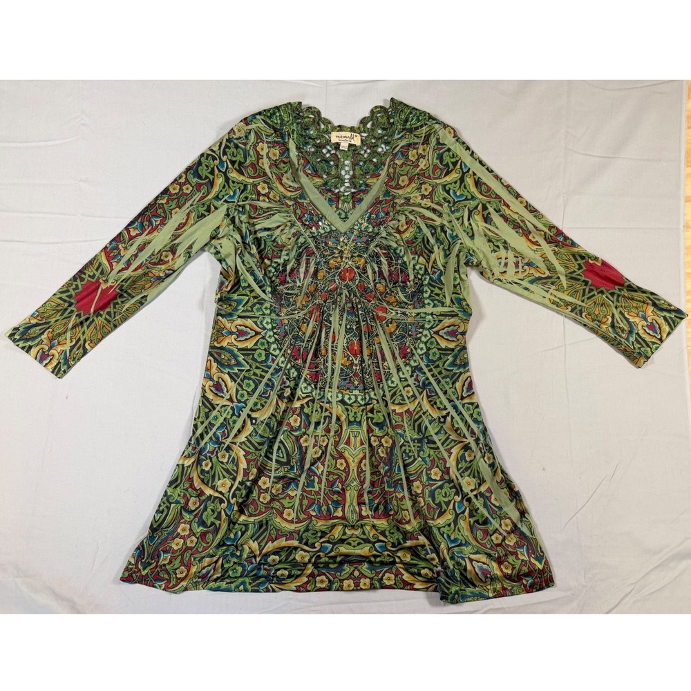 One World Green Paisley Embellished Crochet‎ Tunic Top Women's M Boho 3/4 Sleeve